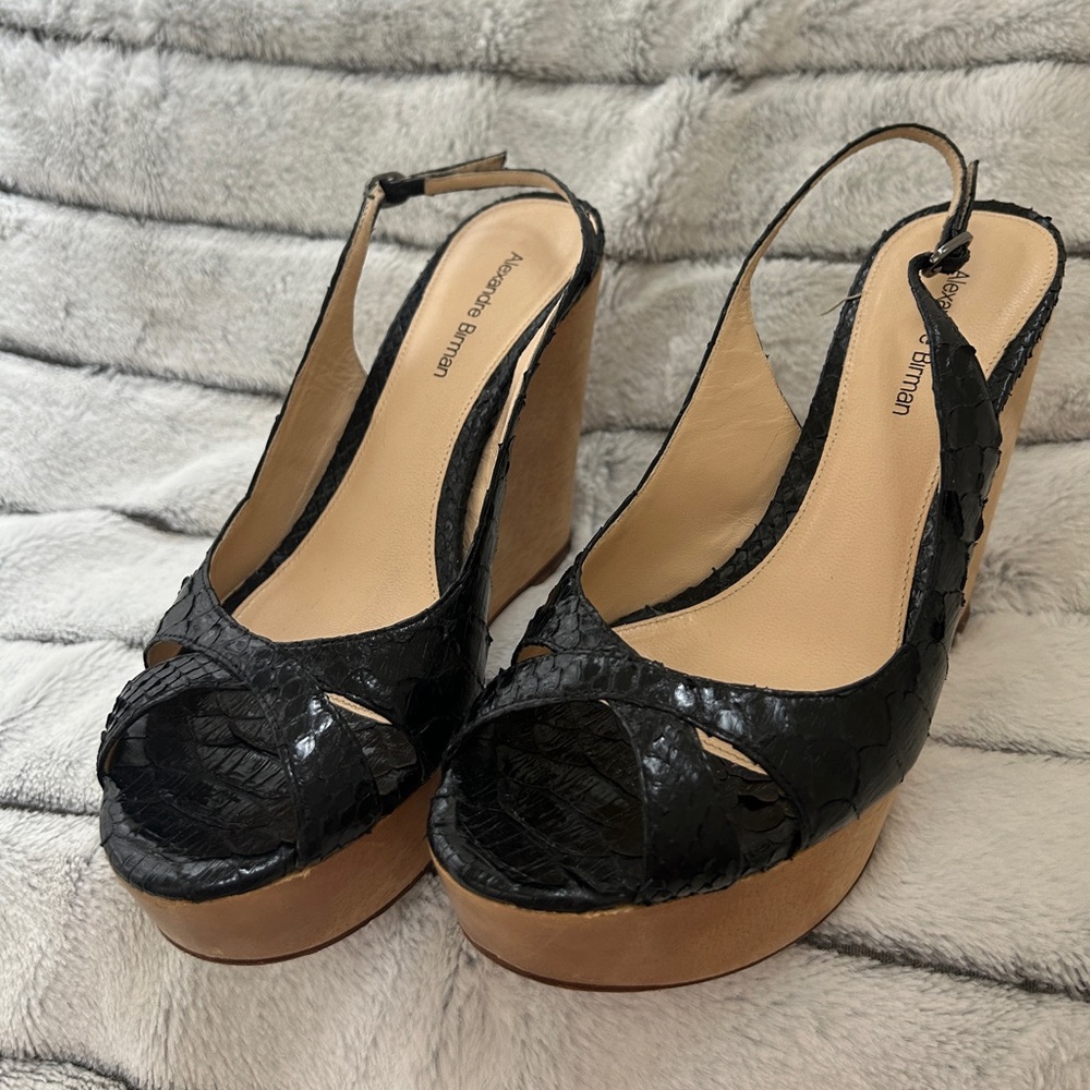 Alexandre Birman Black Croc Wedge Sandals Slingback